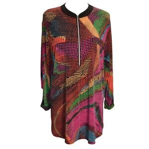 NYGARD Abstract Print Zipper Front Long Sleeve Tunic Top Women Size L Colorful